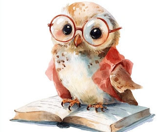 10 Printable Owl Clipart, Readding Owl Print,  wise Owl art, Cute paintings, forest Bird, Commercial Use, Watercolor Owl