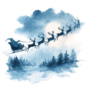 May include: Watercolor painting of Santa Claus in a sleigh pulled by reindeer flying through a snowy sky. The image features a full moon, pine trees, and a soft blue and white color palette, evoking a winter holiday theme.