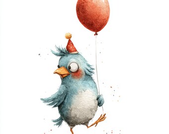 12 Printable BD bird, watercolor birthday whimsical bird ClipArt, birds with balloons, Commercial Use, Stickers ideas, Birthday card create