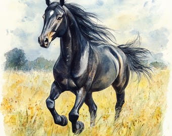 10 Printable cute horse, Horse in field, spring landscape, horse on grass, watercolor horse print, Commercial Use, Farm animal