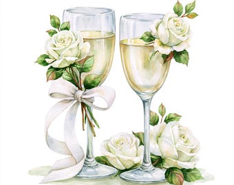 10 Printable wedding glasses Clipart, Wedding glasses art, watercolor art, Wedding roses decor, Commercial Use, Various wedding glasses