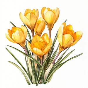 Könnte beinhalten: Aquarellmalerei eines Clusters gelber Krokusblüten mit grün-weiß gestreiften Blättern. Die Blüten haben einen hellgelben Farbton mit orangefarbenen Zentren und sind vor einem weißen Hintergrund platziert.