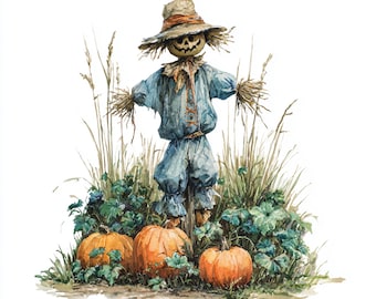10 Printable Halloween, Scarecrow Clipart, autumn art,  Scarecrow with pumpkins PNG, Cute Scarecrow, Fall decor, Commercial Use