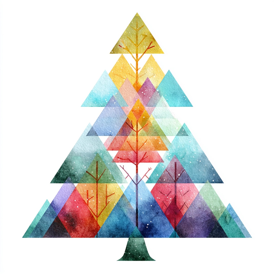 10 Printable Abstract Christmas Tree, Watercolor Geometry Tree, Winter ...