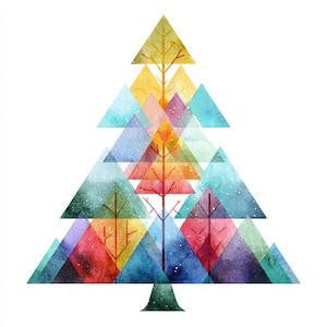 May include: Watercolor illustration of a Christmas tree composed of overlapping triangles in shades of green, blue, yellow, orange, red, and purple. The tree has a dark green base and delicate tree branches.