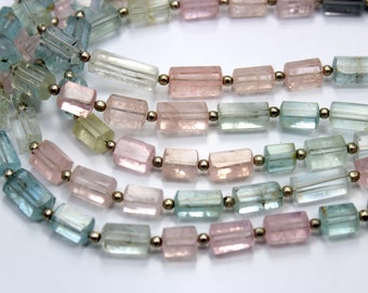 Large Natural Aquamarine Beryl Blue Green Faceted Cylinder Fancy Hexagon Tube Barrel Bead Unique Cut Designer Raw Organic Beads 16 Strand