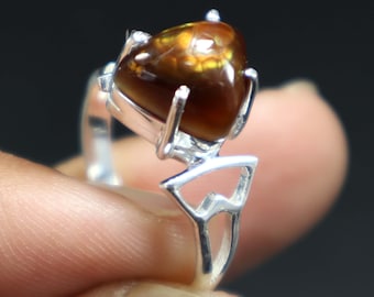925 Sterling Silver Natural Mexican Fire Agate Ring Smooth Cabochon Gemstones Ring, Fire Agate Silver Ring Wholesaler Price OR-13