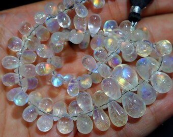 Rainbow Moonstone Teardrop Beads: Madagascar Gemstone Drops, 8" Inch