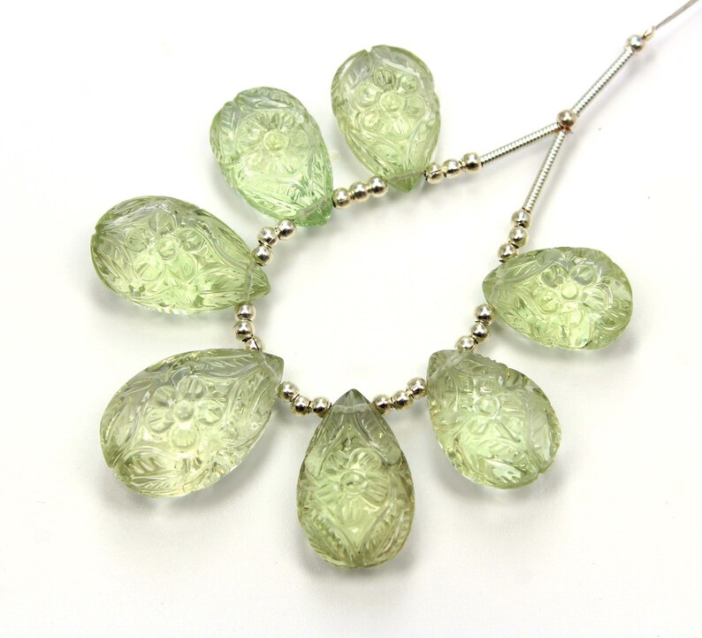 7.Pieces Superb Quality Natural Green Amethyst Smooth Flower Carving Pear Shape Beads 11X14MM To 13X20MM Approx On Wholesaler Price GC-04