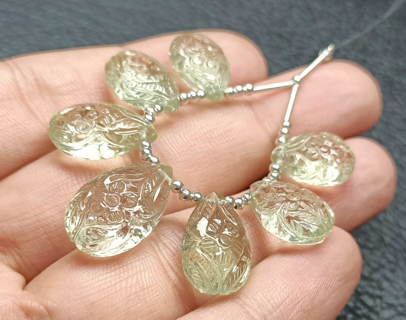 7.Pieces Superb Quality Natural Green Amethyst Smooth Flower Carving Pear Shape Beads 11X14MM To 13X20MM Approx On Wholesaler Price GC-04