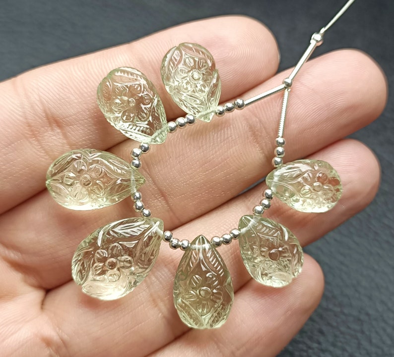 7.Pieces Superb Quality Natural Green Amethyst Smooth Flower Carving Pear Shape Beads 11X14MM To 13X20MM Approx On Wholesaler Price GC-04