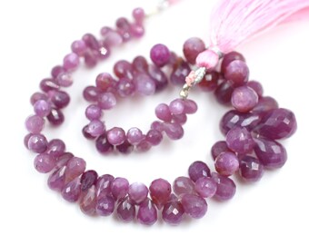 Ruby Sapphire Teardrop Briolette Beads: Faceted Silk Gemstones, 8 Inch