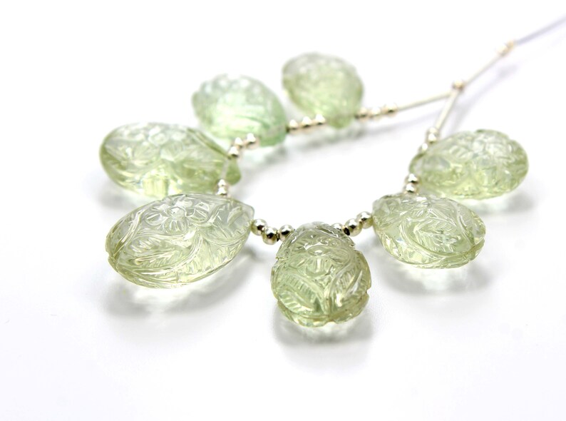 7.Pieces Superb Quality Natural Green Amethyst Smooth Flower Carving Pear Shape Beads 11X14MM To 13X20MM Approx On Wholesaler Price GC-04