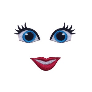 May include: Embroidered iron-on patch with a cartoon face featuring blue eyes with black eyelashes and a red smiling mouth.