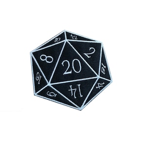 May include: Black twenty-sided die with white numbers and lines. The die is a common item used in tabletop role-playing games.