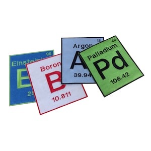 May include: Four colourful square patches with the chemical symbols and names of the elements: Einsteinium (Es), Boron (B), Argon (Ar), and Palladium (Pd).