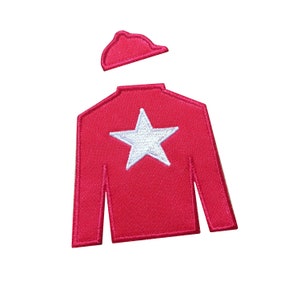 May include: Red jockey silks with a white star on the front and a red jockey cap.