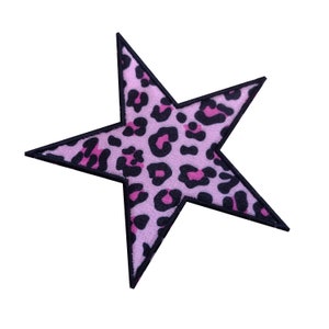 May include: A pink and black leopard print star-shaped patch with a black outline.