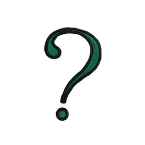 May include: Green question mark with a black outline. The question mark is in a cartoon style.