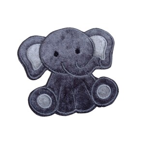 May include: A grey plush elephant applique with embroidered details. The elephant is sitting with its legs crossed and has a small trunk.