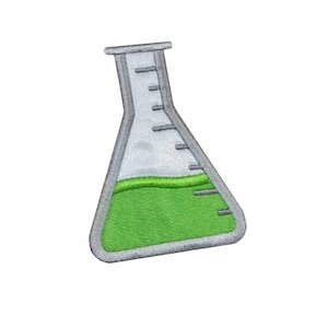 May include: An embroidered patch depicting a beaker with green liquid inside, in grey and green.