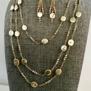 Platinum pearl coins, Swarovski crystals, Swarovski pearls, gold-filled chain w/ matching  earrings—June birthstone--57"--N142.