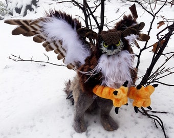OOAK Fantasy Poseable Artdoll Wolf Owl Hybride Griffon. Soft Sculpture Creature. Handmade Artdoll.