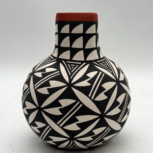 May include: A handcrafted ceramic vase with a rounded body and a narrow neck. The vase features a black and white geometric pattern with a red rim. The design includes stylized leaf shapes and triangular elements, creating a striking visual contrast.