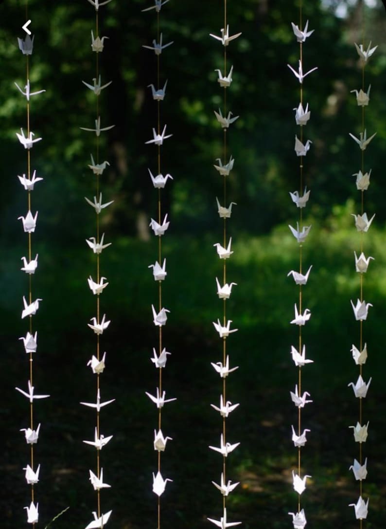 May include: A white paper crane garland with multiple strands of origami cranes hanging from a string. The garland is hanging in front of a green background.