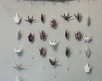 Silver and Purple Origami Mobile Handmade with Silver Leaf on Found Wood