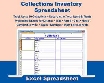 Collections Inventory Spreadsheet: Track 10 Collections (Excel & Numbers, Mobile Friendly, Digital Download)