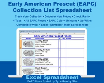 Early American Prescut (EAPC) Collection List by Item Type then by Size (Excel & Numbers, Mobile Friendly, Digital Download)