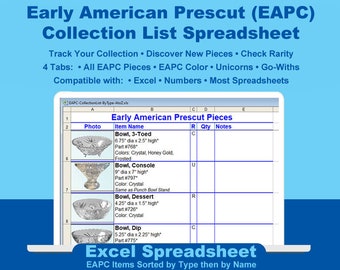 Early American Prescut (EAPC) Collection List by Item Type then Name (Excel & Numbers, Mobile Friendly, Digital Download)