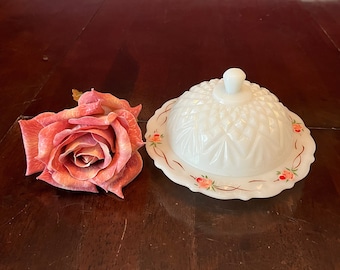 Vintage Anchor Hocking Pineapple Milk Glass Butter Dome: Rosebud Floral Trim, Washington Co.