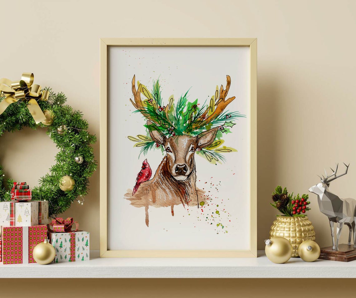 Watercolor Christmas Deer Art Print Etsy