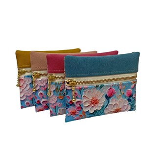 Pochette à fermeture éclair en vinyle floral lumineux, pochette pour cartes, support pour écouteurs, pochette pour baume à lèvres