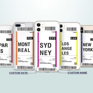 Étui de téléphone personnalisé avec étiquette de billet d'avion - carte d'embarquement voyage - coque transparente flexible pour iPhone 15 14 Pro Samsung S22 S21 - cadeau unique elle lui-même