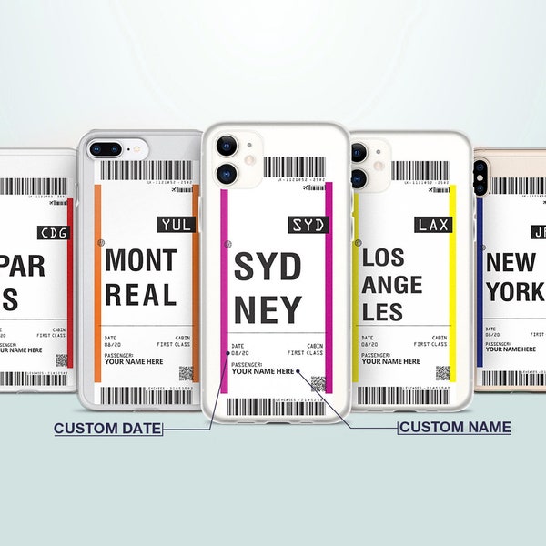Funda de teléfono con etiqueta de billete de avión personalizada - Viaje con tarjeta de embarque - Funda transparente y flexible para iPhone 15 14 Pro Samsung S22 S21 - Regalo único para ella