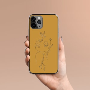 花の顔 - 女性の胸像の線画 - カラーオプション - iPhone 15 14 Pro 用クリアケース - 彼女や彼へのユニークな電話ケースギフト