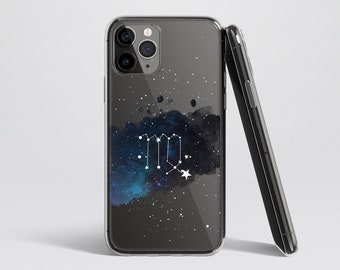 May include: A black phone case with a clear back featuring a watercolor galaxy design with a white Virgo constellation and stars.