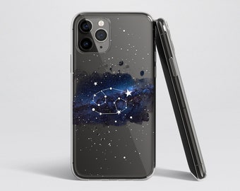 May include: A black phone case with a clear back. The back of the case features a watercolor galaxy design with a white constellation of Libra.
