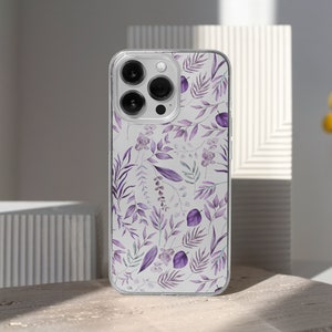 Purple Flowers Mystical Garden - Botanical Floral Design - Clear Silicone Case for iPhone 15 14 Plus 13 Pro Max 12 Samsung Galaxy S22 Ultra