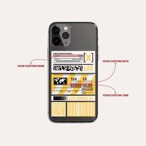 Étiquette de billet d'avion personnalisée - Cadeau personnalisé de voyage avec carte d'embarquement - Étui de téléphone pour iPhone 15+ 14 Pro Max 13 Mini Galaxy S22