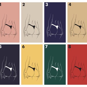 May include: A digital illustration of a figure in various colors. The figure is shown from the back, with their hands on their hips. The figure is wearing a simple bikini bottom.