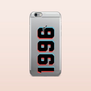 May include: A clear phone case with a black and white graphic of the year 1981. The numbers are outlined in red and blue.