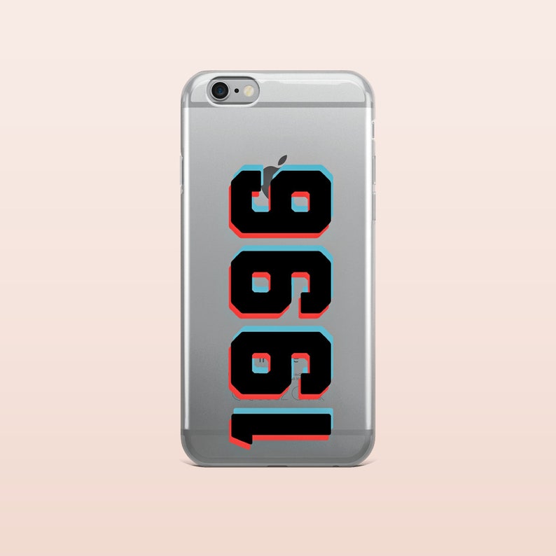 May include: A clear phone case with a black and white graphic of the year 1981. The numbers are outlined in red and blue.