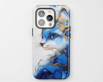 Blue Marble Cat Phone Case: Gold Accent Art - Tough Case