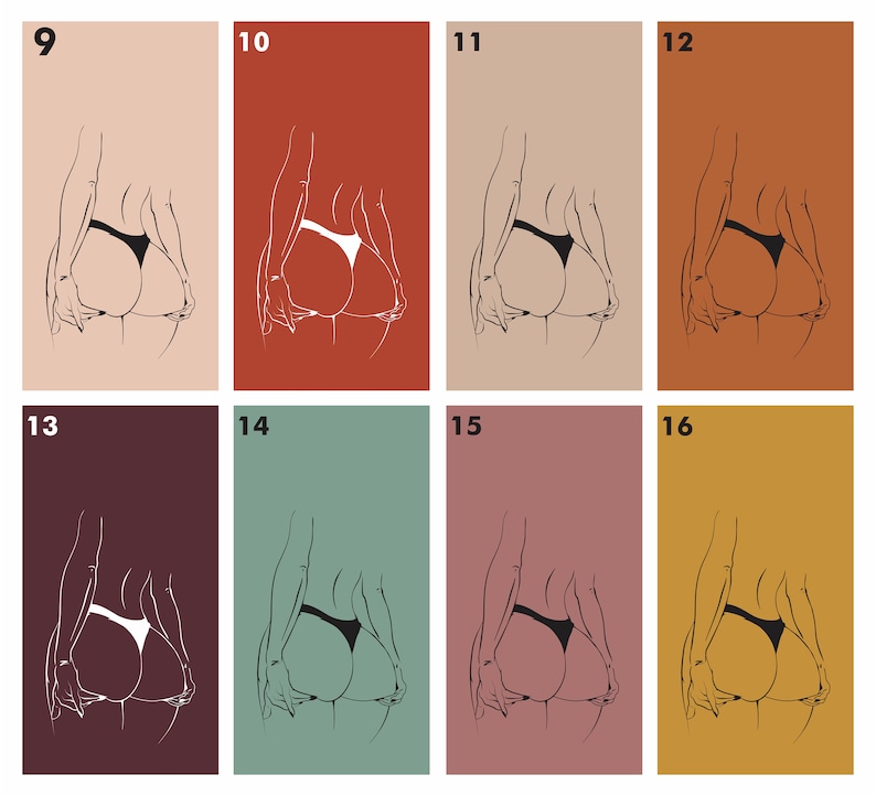 May include: A set of 8 digital art prints featuring a line drawing of a person's back in various colors. The colors include peach, red, brown, beige, maroon, green, pink, and yellow.