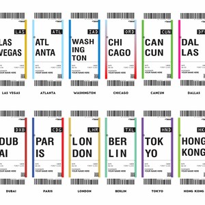 Puede incluir: Un conjunto de 12 tarjetas de embarque de avi&oacute;n coloridas con nombres de ciudades y c&oacute;digos de aeropuerto. Las tarjetas de embarque est&aacute;n dispuestas en dos filas de seis. Las ciudades son Las Vegas, Atlanta, Washington, Chicago, Canc&uacute;n, Dallas, Dub&aacute;i, Par&iacute;s, Londres, Berl&iacute;n, Tokio y Hong Kong.