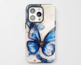 Blue Butterfly Marble Phone Case: Dual Layer Protective Tough Case